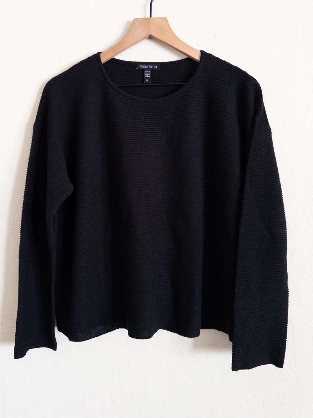 Eileen Fisher Organic Linen Cotton Boxy Crewneck Sweater Small Black Minimalist